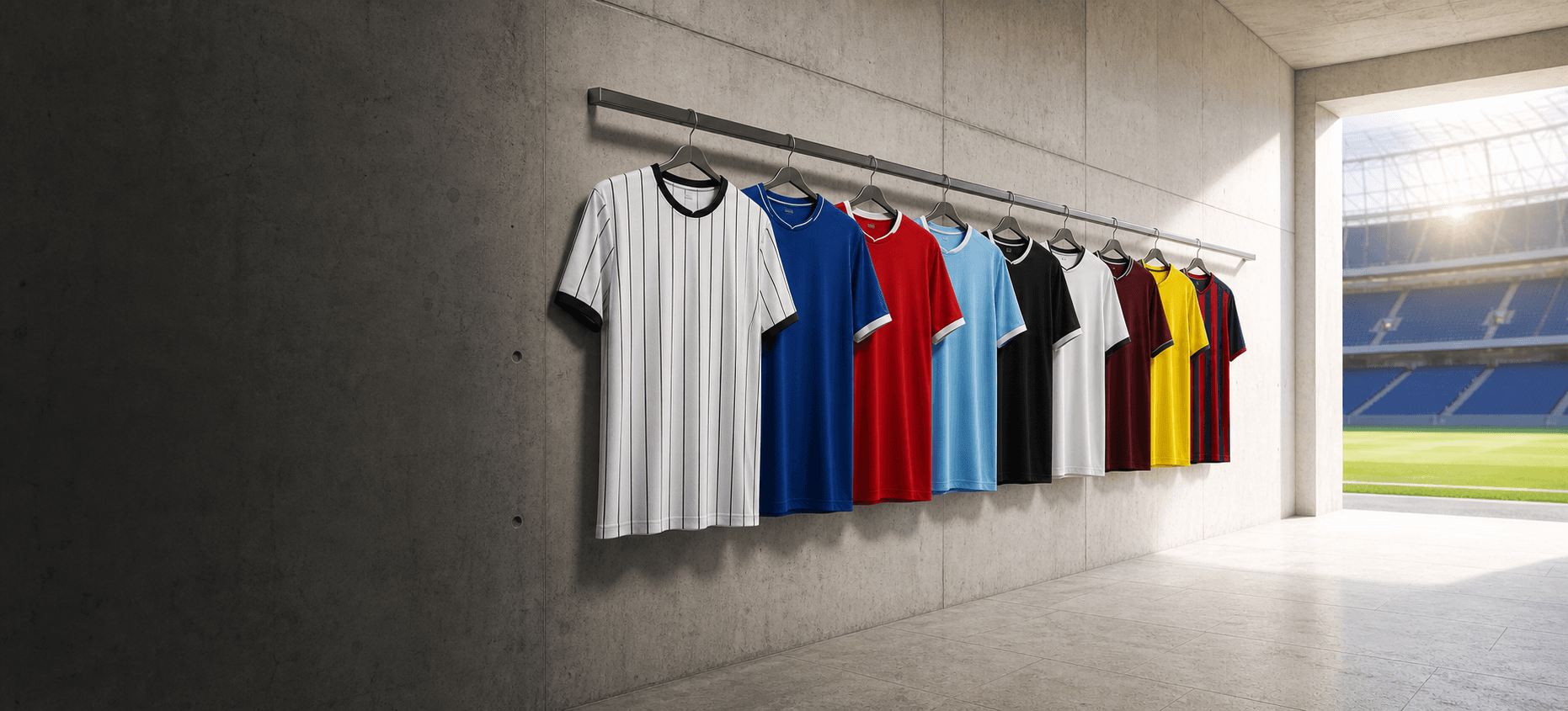 Unbranded football shirts displayed in a bright stadium tunnel